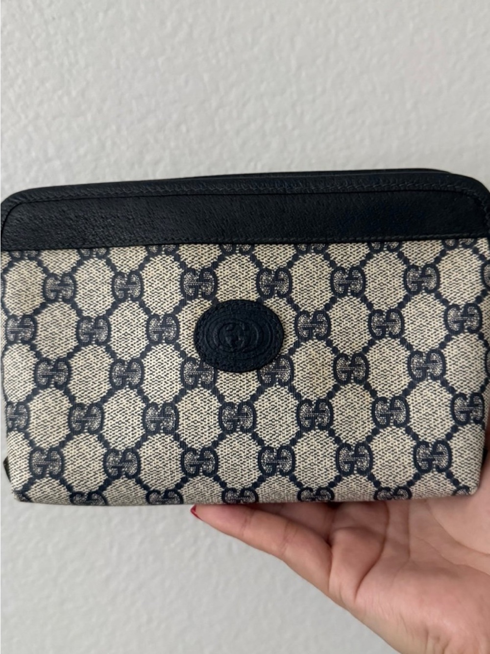 Gucci Beige & Navy Monogram Canvas Cosmetics Pouch
